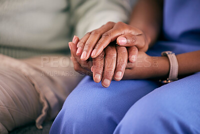 Buy stock photo Nurse, holding hands and elderly support in a retirement and nursing home with care. Healthcare, nursing and medical professional with a patient showing empathy, kindness and compassion at doctor job