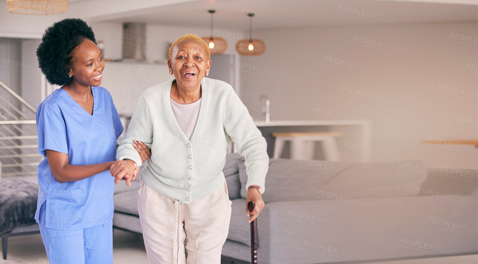 Buy stock photo Nurse, portrait and senior black woman with cane, help and smile in home. Caregiver, support and elderly patient with a disability, walking stick and kindness in assistance, empathy and healthcare