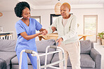 Doctor, senior woman and walking frame for support, healthcare service and helping with balance and disability. Medical physiotherapist, caregiver or nurse with african elderly patient in living room