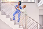 Stairs, nurse and help senior woman, holding hands and assistance in home together. Caregiver, steps and elderly African patient walking, support of person with a disability or kindness in healthcare