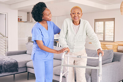 Buy stock photo Nurse, elderly woman and walking frame for support, healthcare service and health portrait at home. Medical physiotherapy, doctor helping and african elderly patient with disability in living room