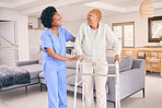 Nurse, senior woman and walking frame for homecare, healthcare service and  muscle health and disability support. Medical physiotherapy, doctor helping and african elderly patient in living room