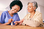 Nursing home, manicure and a caregiver with a senior woman for a grooming or beauty treatment. Happy, spa and an African nurse with nail polish for a patient in a house for painting nails together