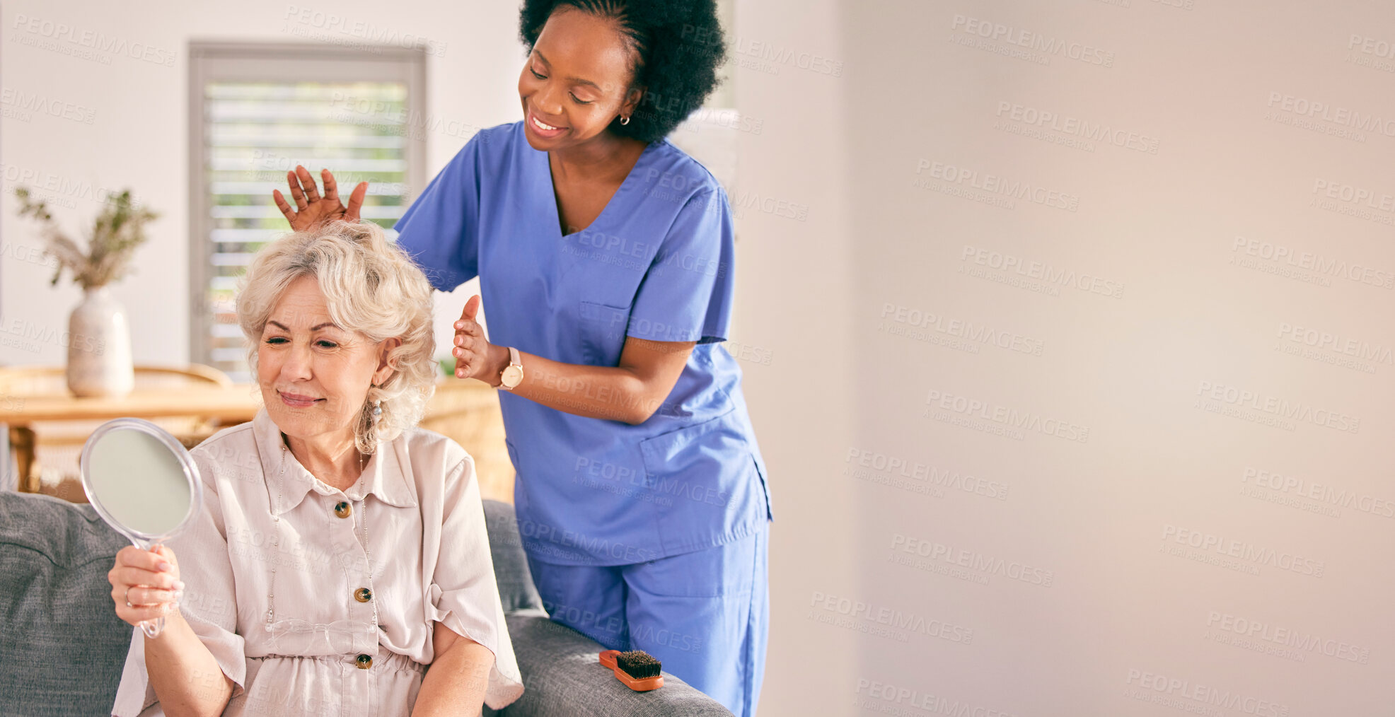 Buy stock photo Nurse, senior woman and hair care by mirror in home living, happy for reflection or mockup space. Caregiver, hairstyle or elderly person in house on couch for beauty, aesthetic hairdresser and health