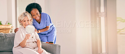 Buy stock photo Elderly woman, nurse and hair care on mirror in home living, happy for reflection or mockup space. Caregiver, hairstyle or senior person in house on couch for beauty, aesthetic hairdresser and health