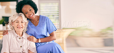 Buy stock photo Happy, woman and a caregiver for home banner, healthcare or medical support with mockup space. Smile, career and portrait of an African nurse with a senior patient for helping in a house and service