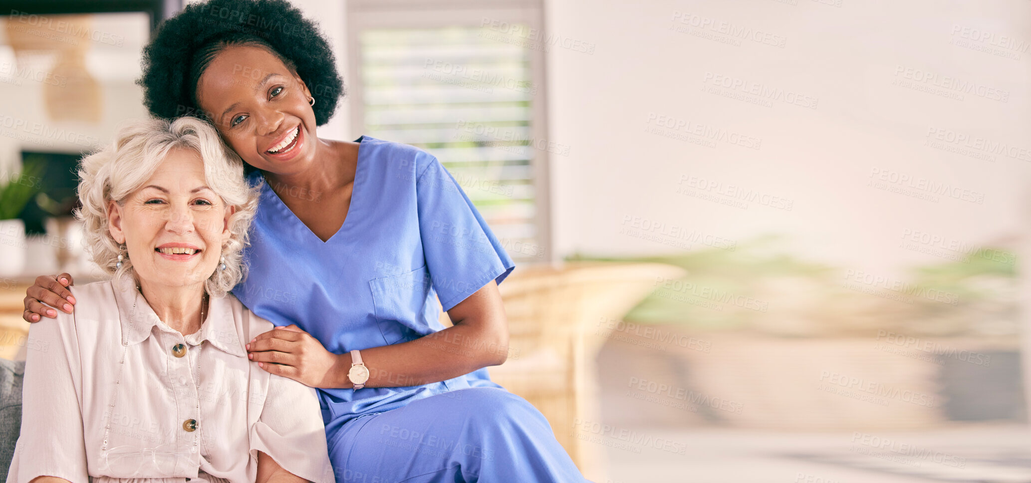 Buy stock photo Happy, woman and a caregiver for home banner, healthcare or medical support with mockup space. Smile, career and portrait of an African nurse with a senior patient for helping in a house and service