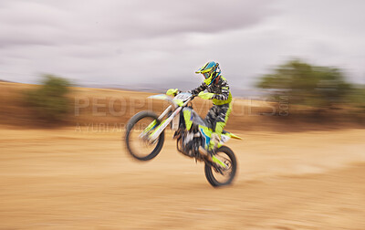 Buy stock photo Speed, nature and a person on a motorbike for a race, travel or freedom in sports. Cycling, power and a man or professional driver with energy on a bike while driving for a challenge on a course