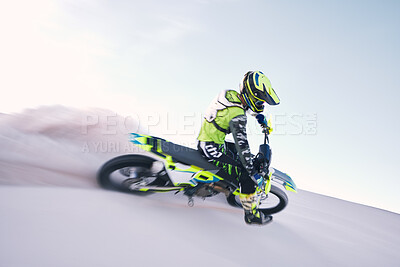 Buy stock photo Bike, dust and speed with a sports man riding a vehicle in the desert for adventure or adrenaline. Motorcycle, training and freedom with an athlete on sand in nature for power or active competition