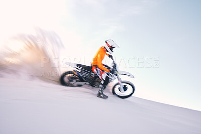 Buy stock photo Bike, dust and motion blur with a sports man riding a vehicle in the desert for adventure or adrenaline. Motorcycle, training and speed with an athlete on sand in nature for speed, freedom or energy