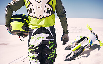 Buy stock photo Sports, desert and back of person on motorbike with helmet for training, workout and challenge on sand. Extreme transport, travel and cyclist with motorcycle for adventure, freedom and adrenaline