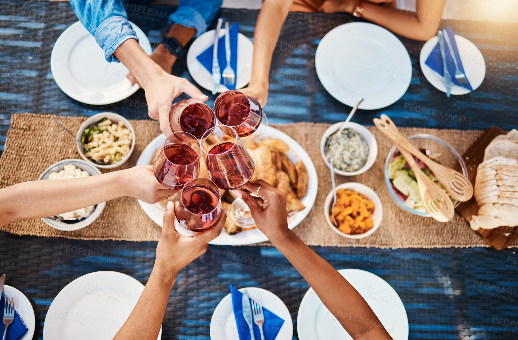 Buy stock photo Toast, food or top of friends in restaurant to relax on holiday vacation at a party event together. Cheers, group celebration or hands of fun people eating at table for lunch, dinner or brunch meal
