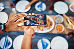 Selfie, phone screen and hands, food and table, nutrition and influencer with blog, social media and technology. People have meal together, memory and lunch date with mobile app and content creation 