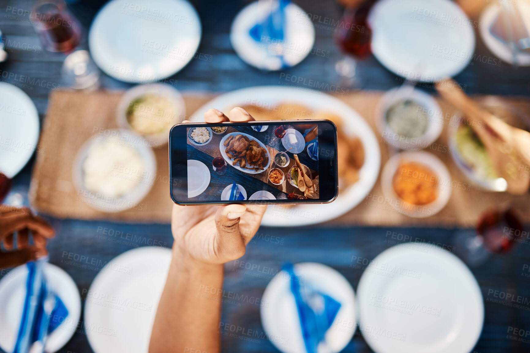 Buy stock photo Phone photography, food and friends at a restaurant to relax on holiday vacation in summer together. Hands, social media post or influencer taking pictures or eating at table for lunch or brunch meal