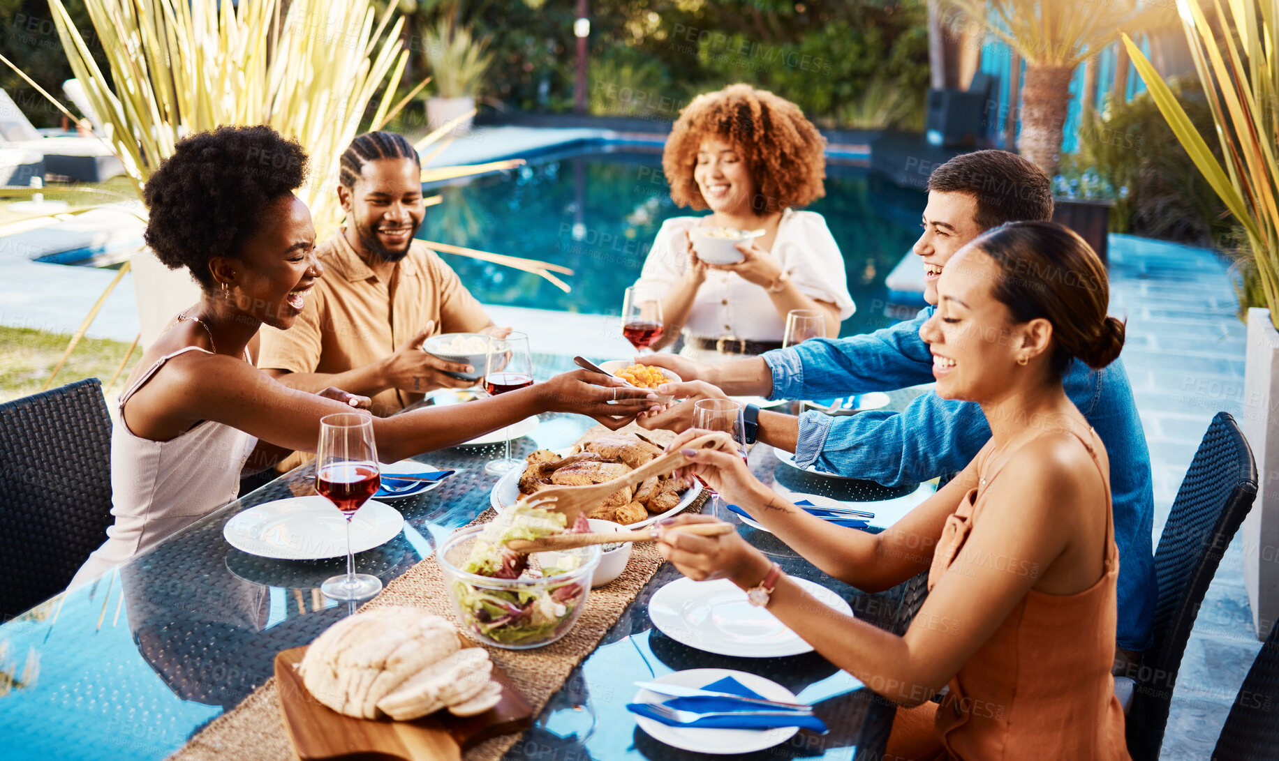 Buy stock photo Friends, food table and eating outdoor for social gathering, happiness and holiday celebration. Diversity, men and women group at lunch, party or event with drinks in garden for fun and relax