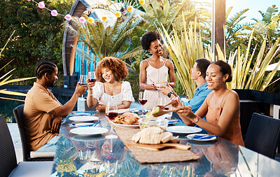 Buy stock photo Friends, food and wine outdoor at a table for social gathering, happiness and holiday celebration. Diversity, men and women group at lunch, party or reunion with drinks in garden for toast and relax