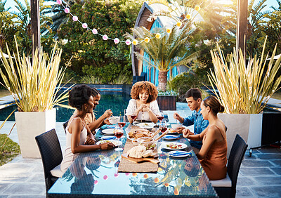 Buy stock photo Friends at lunch table in garden for happy event with diversity, food and wine bonding together. Outdoor dinner party, men and women at table, group of people eating with drinks in backyard in summer