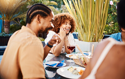 Buy stock photo Funny, lunch and friends with food, smile and humor with conversation, party and celebration. Happy people, men and women with a meal, event and happiness with laughing, holiday and weekend break