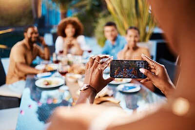 Buy stock photo Phone photography, outdoor and friends in restaurant to relax on holiday vacation in summer together. Memory, social media or people eating or taking pictures at table for lunch, food or brunch meal