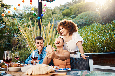 Buy stock photo Selfie, outdoor lunch and laughing friends excited for funny memory photo of group, friendship reunion or brunch party. Comedy, photography and people together, smile and post profile picture to app