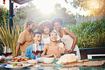 Group selfie, brunch and friends smile for memory photo of lunch together, outdoor reunion or holiday party event. Patio, photography and people bond, pose and post profile picture to social network