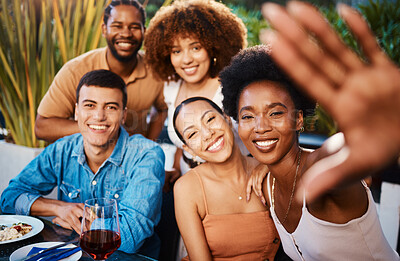 Buy stock photo Smile, portrait and selfie of friends at restaurant, bonding and happy memory together. Face, group and profile picture at cafe in celebration of party, fine dining and eating food on social media