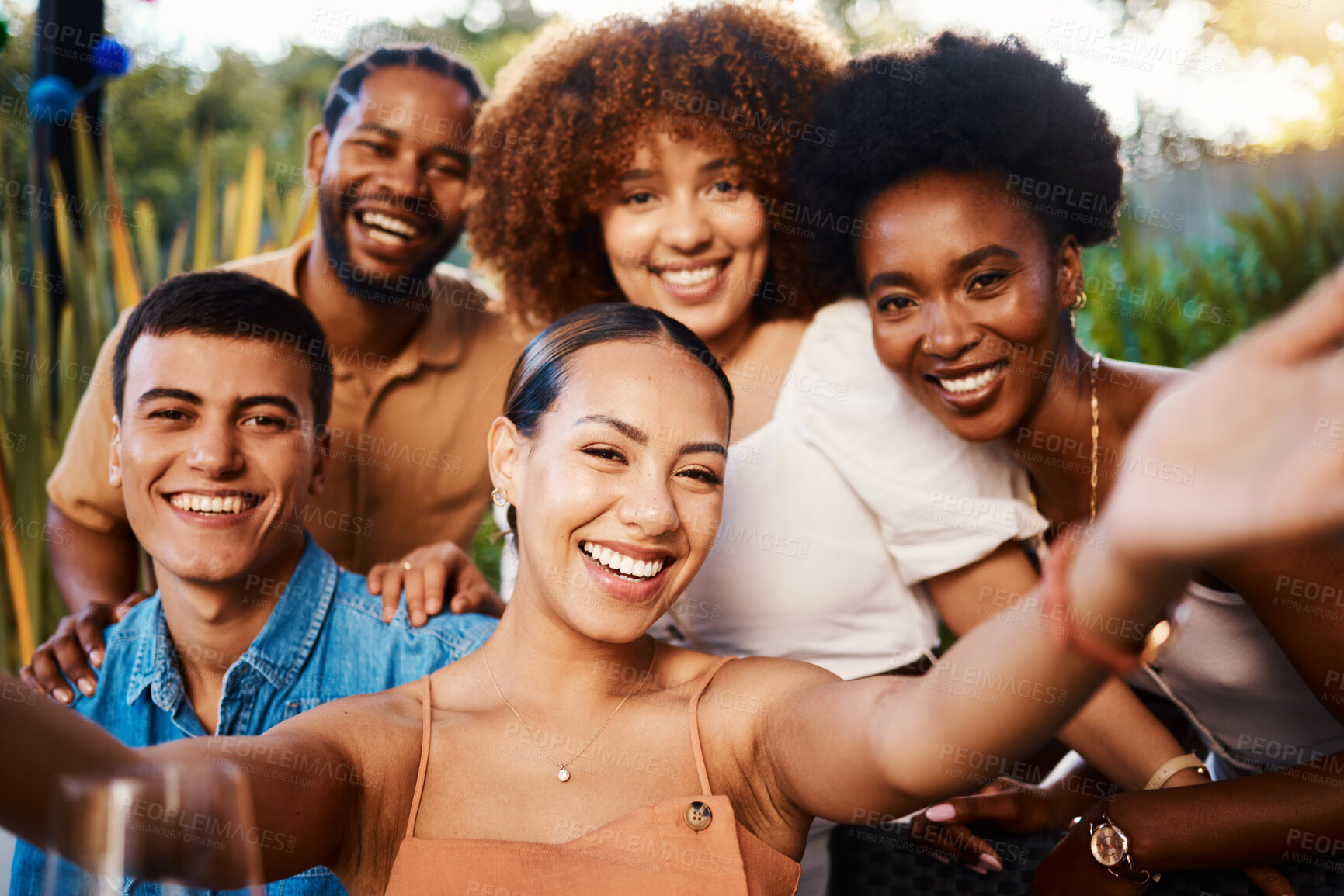 Buy stock photo Smile, portrait and selfie of friends at cafe, bonding and happy memory at sunset. Face, group and profile picture at restaurant, influencer and fun photography at party celebration on social media