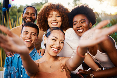 Buy stock photo Portrait, happy and selfie of friends at cafe, bonding and fun memory at sunset. Face smile, group and profile picture at restaurant, influencer and photography at party celebration on social media