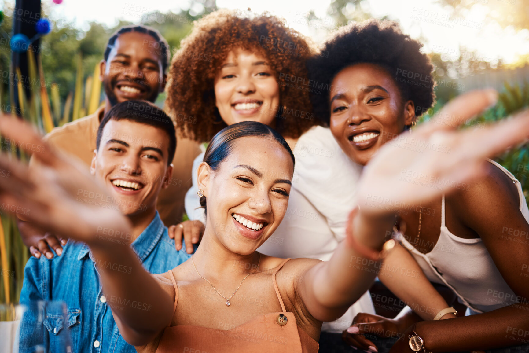 Buy stock photo Portrait, happy and selfie of friends at cafe, bonding and fun memory at sunset. Face smile, group and profile picture at restaurant, influencer and photography at party celebration on social media