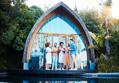Buy stock photo Garden lodge, glamping and friends at a cabin with luxury accommodation and modern architecture. Travel, holiday and people at destination in Bali for tropical vacation and freedom at resort pool