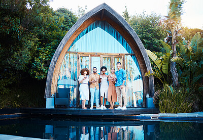 Buy stock photo Garden lodge, glamping and friends portrait at a cabin with luxury accommodation and modern architecture. Travel, holiday and people at destination in Bali for vacation and freedom at resort pool