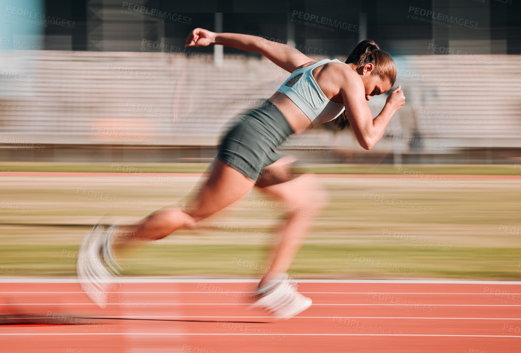 Buy stock photo Action, race and athlete running sprint in competition for fitness game and training for energy wellness on a track. Sports, stadium and athletic person or runner exercise, speed and workout