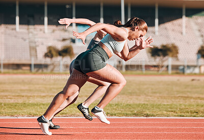Fast, race and athletes running sprint in competition or fitness game and training for energy wellness on track. Sports, stadium and athletic people or runner exercise, speed and workout performance