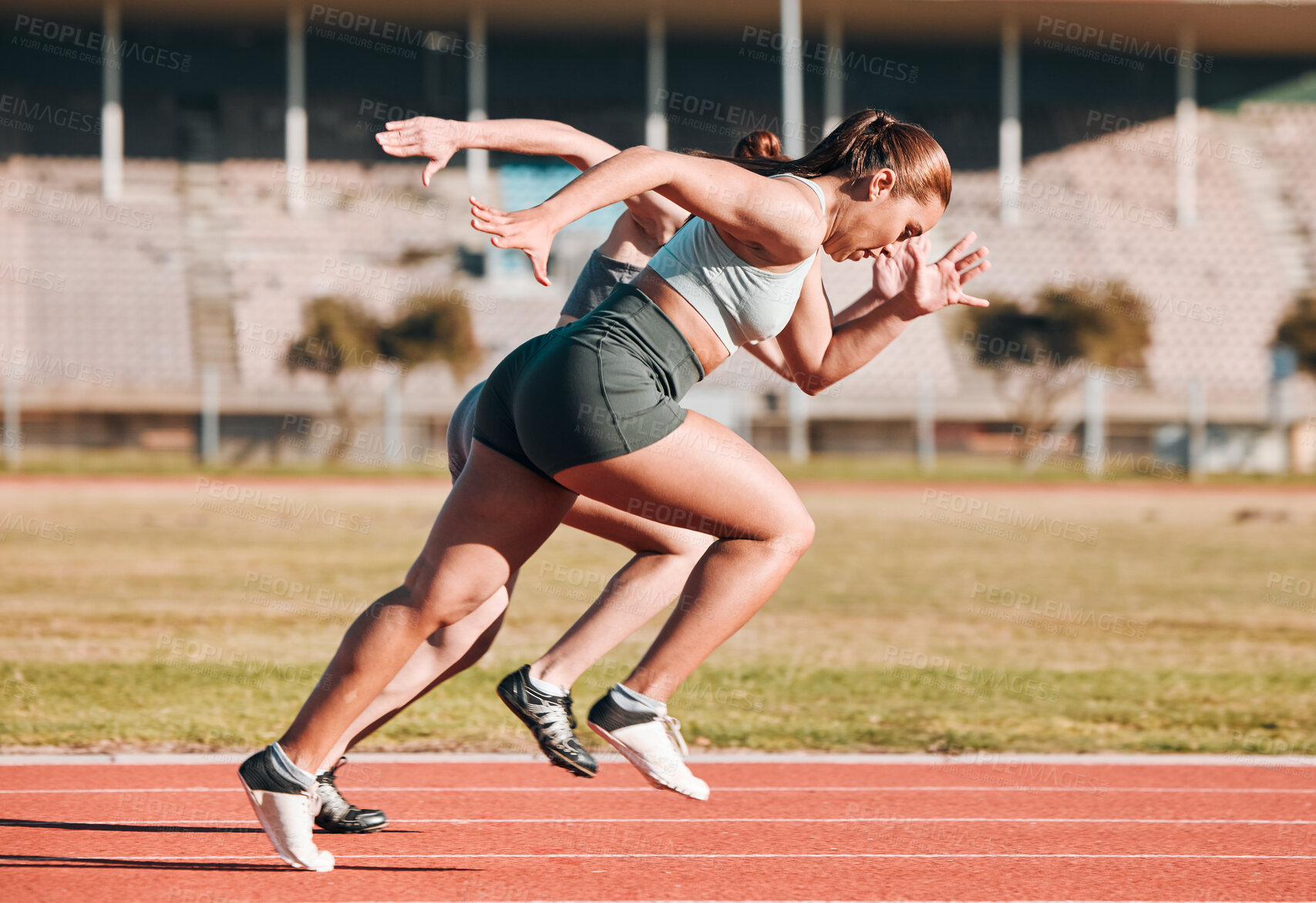 Buy stock photo Fast, race and athletes running sprint in competition or fitness game and training for energy wellness on track. Sports, stadium and athletic people or runner exercise, speed and workout performance