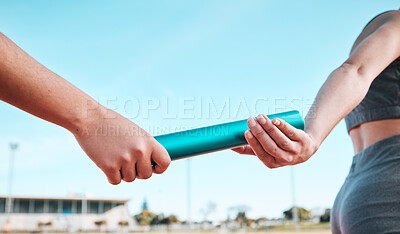 Buy stock photo Person, team and hands with baton in relay, running marathon or sports fitness on stadium track. Closeup of people holding bar in competitive race, sprint or coordination in teamwork performance