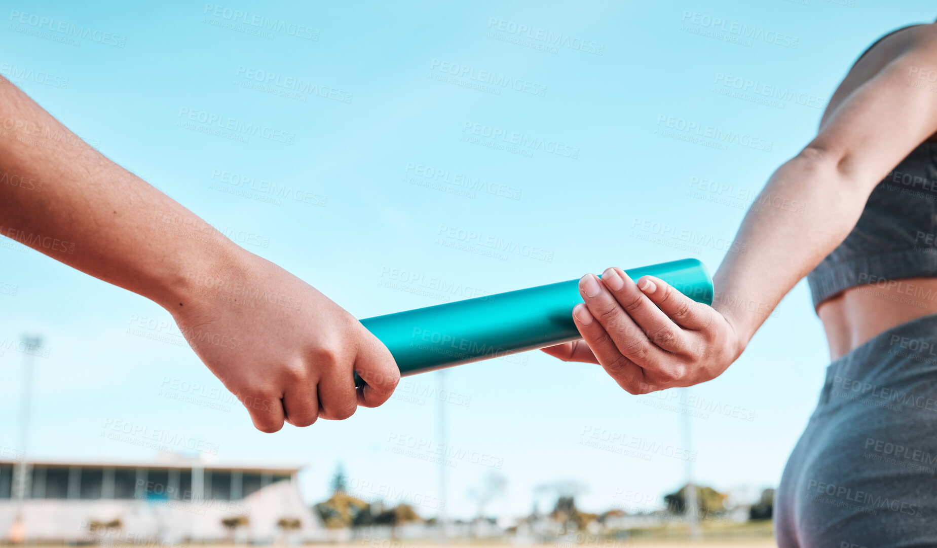 Buy stock photo Person, team and hands with baton in relay, running marathon or sports fitness on stadium track. Closeup of people holding bar in competitive race, sprint or coordination in teamwork performance