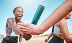 Woman, team and running with baton in relay, marathon or sports fitness on stadium track together. Group of athletes holding bar in competitive race, sprint or teamwork for cardio training or workout