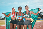 Winner portrait, flag or sport women celebrate winning medal, marathon challenge or competition for country. Athletics success, running track group or Brazil champion excited for teamwork achievement