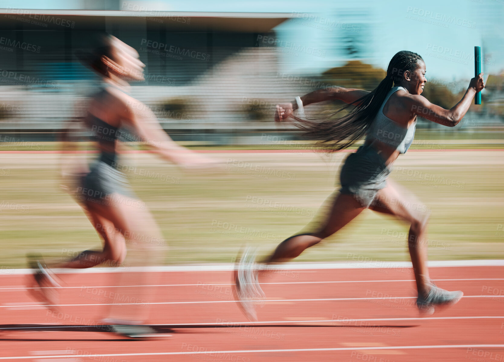 Buy stock photo Action, race and women running relay sprint in competition for fitness game and training, energy or wellness on a track. Sports, stadium and athletic people or runner exercise, speed and workout