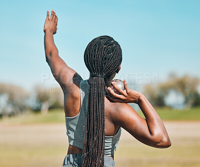 Buy stock photo Woman, shot put and athlete throw in competition, challenge or training in field event with metal or steel weight. Throwing, ball or African female outdoor for athletics sport, game or strong contest