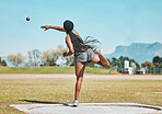 Shot put, woman and athlete throw in competition, championship or training for field event with metal or steel weight. Throwing, ball or female in athletics sport on outdoor field for olympics