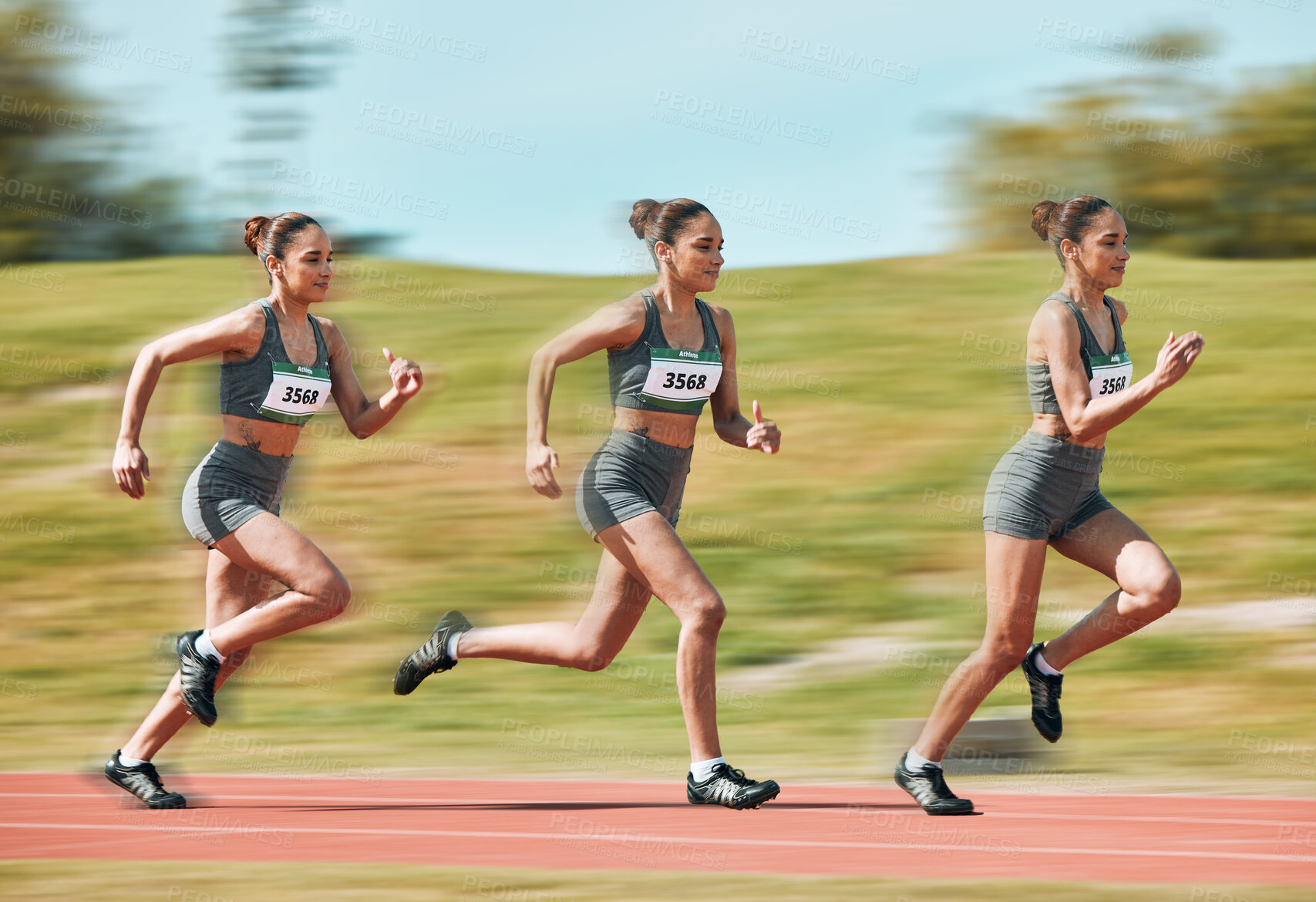 Buy stock photo Sports, running and sequence of woman on race track in stadium for exercise, training and workout. Fitness, fast and female athlete with motion blur for speed for challenge, competition and marathon