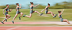 Sports, long jump and sequence of woman on race track in stadium for exercise, training and workout. Fitness, fast and female athlete in action with motion blur for challenge, competition and jumping