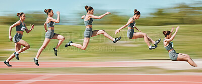 Buy stock photo Sports, long jump and sequence of woman on race track in stadium for exercise, training and workout. Fitness, fast and female athlete in action with motion blur for challenge, competition and jumping