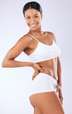 Buy stock photo Portrait, underwear or woman in studio for body health or wellness on white background for diet to lose weight. Self care, smile or happy model with smooth stomach, glow or skin at spa for beauty 