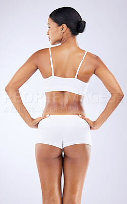 Buy stock photo Epilation, underwear and back of woman in studio with wellness, health and weightloss routine. Beauty, body and full length of female model with cosmetic liposuction for self care by white background