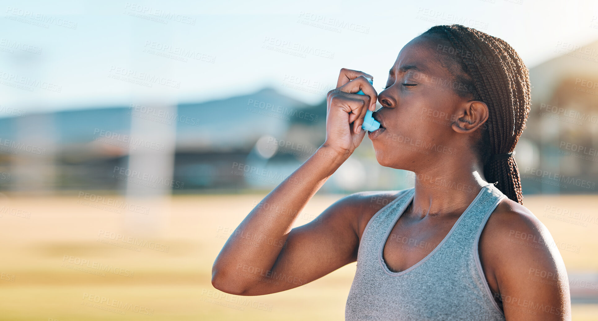 Buy stock photo Fitness, breathe and black woman with asthma, inhaler or pump at sports court for training with lung problem. Exercise, deep breath and lady runner with medical relief from allergy respiratory issue