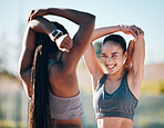 Fitness, friends and stretching, women outdoor with health, ready for workout with muscle and happiness. Training partner, athlete and warm up with exercise, trust and support, energy and performance