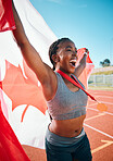 Canada, winner and black woman athlete with flag for victory celebration in sports competition with a medal. Achievement, running and happy runner winning international tournament or training