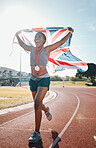 Runner, achievement and black woman with celebration, UK flag and sports with competition, pride and winner. African person, happy athlete or champion with British symbol, pride and medal for winning